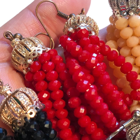 Red/Antique Rose Gold Crystal Tassel Earrings - Picture 2 of 14